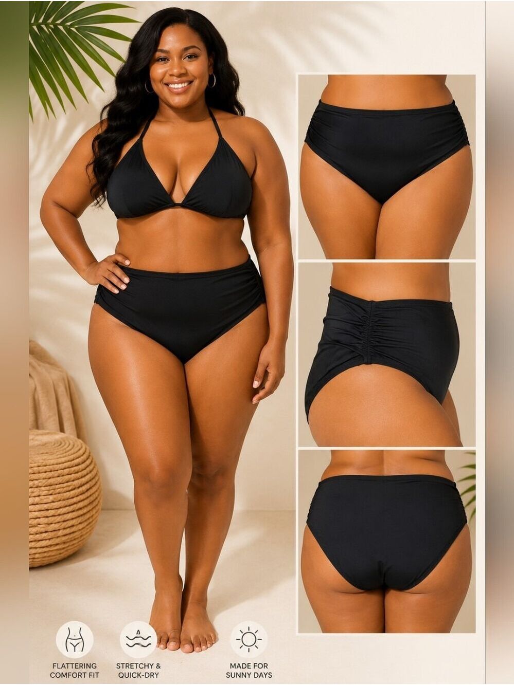 Loralette Plus-Size Black Swim Briefs | Classic Full Coverage Swim Bottoms - Picture 1 of 5
